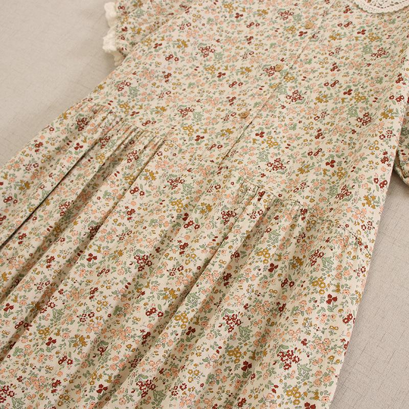 Mori Girl Blommig dockkrageklänning med lös passform och lapptäcke i spetskant