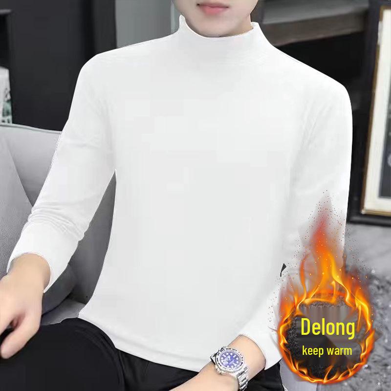 Men's Warm Velvet Semi-High Neck Long-Sleeve Shirt - Autumn/Winter Solid Color Top