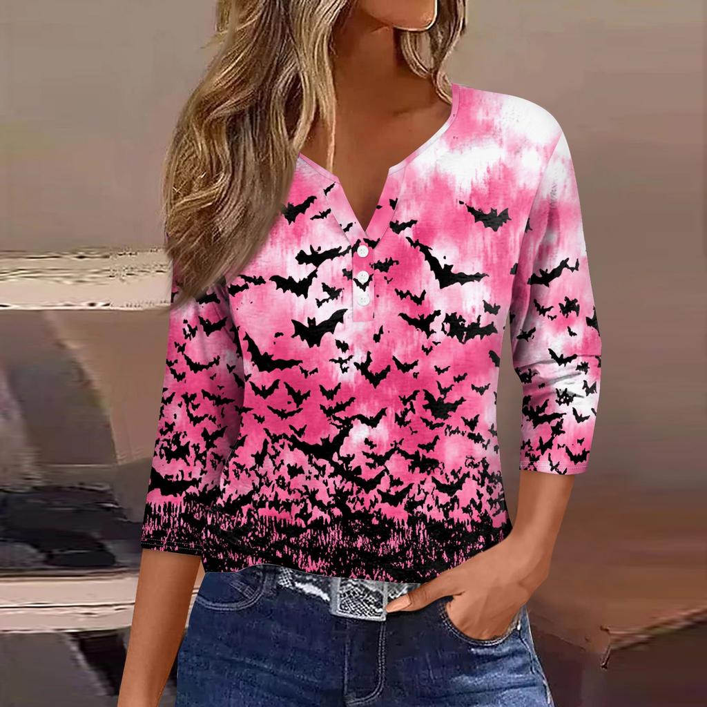 Damen V-Ausschnitt Knopf Halloween Dreiviertelarm T-Shirt Top