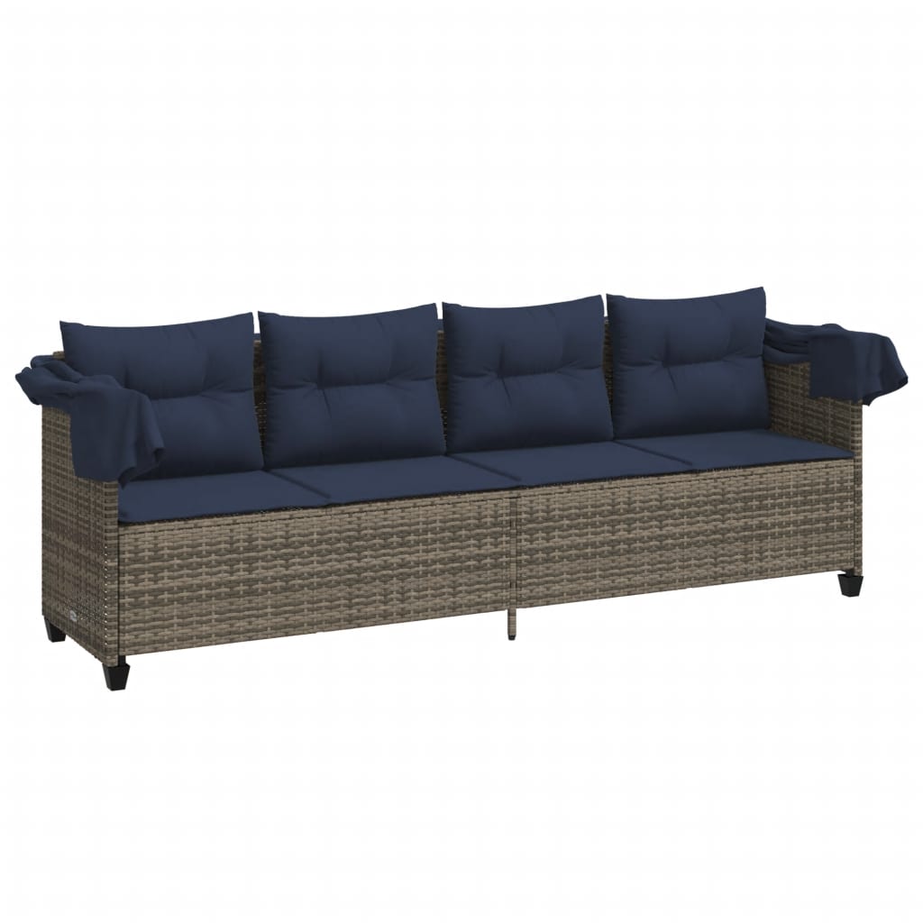 Sun Lounger with Canopy and Cushions Grey Poly Rattan