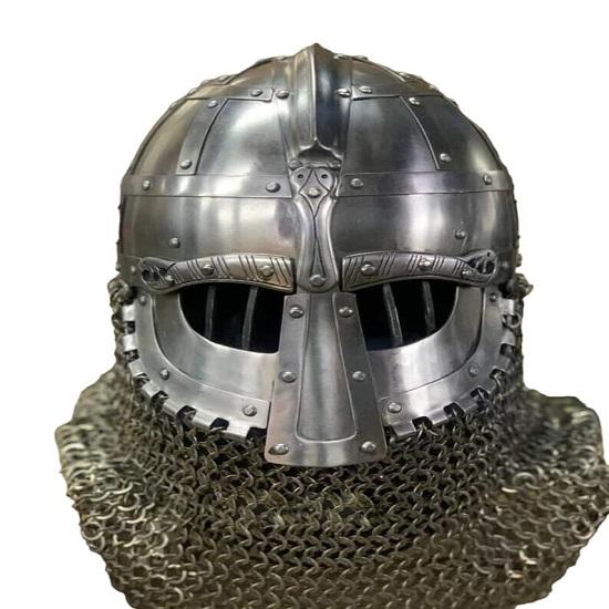 Viking Chainmail Helmet - Vendal Style, SCA LARP Hand-Forged Steel and Brass Armor with Chainmail Detailing