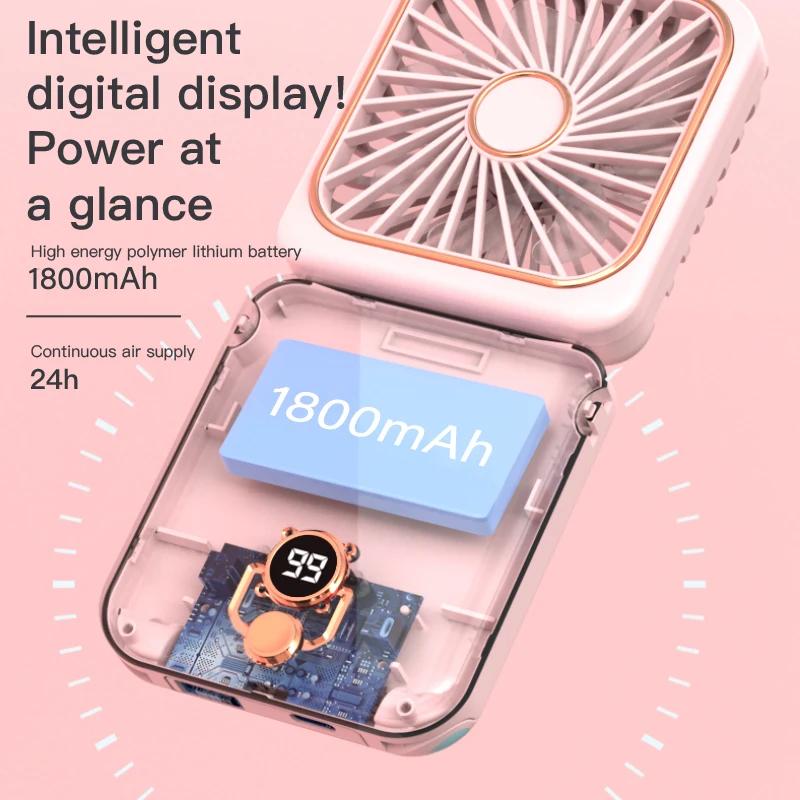 3-in-1 Mini Portable Fan Hanging Neck Fan Handheld Fan & Foldable Mirror with Power Bank, Silent Fan Compact & Portable for Summer Sports