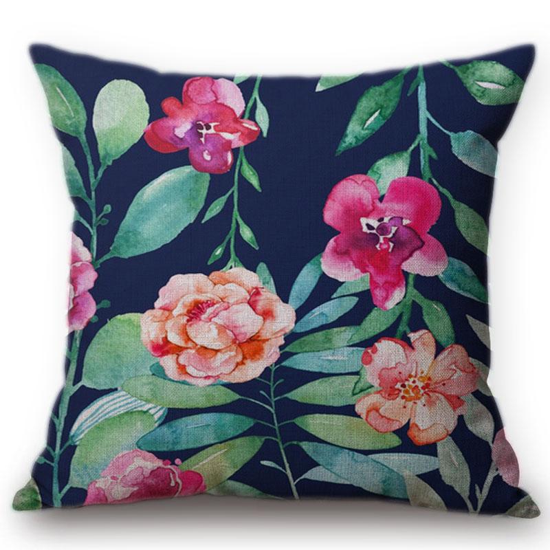 Flower Pattern Cotton Linen Cushion Cover Vintage Watercolor Flowers Decorative Pillowcase Waist Throw Pillow Cover Cojines