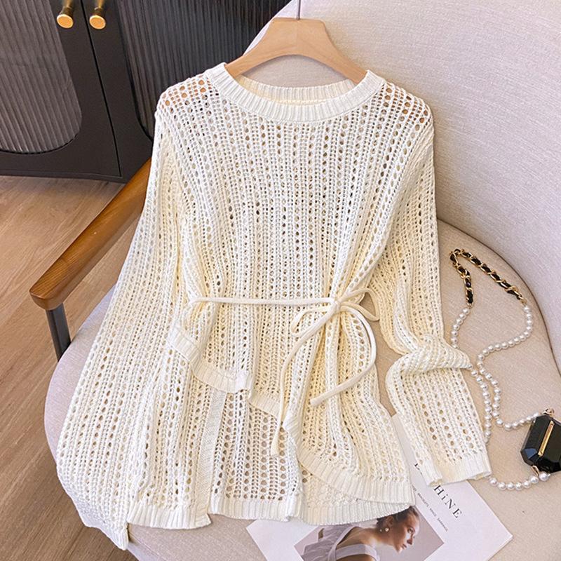 Damen Gestricktes T-Shirt Unregelmäßig Ausgeschnitten Sonnenschutz Eis Seide Hemd Sommer Rundhals Oberteil