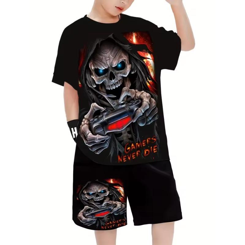 Summer New Comfort Boys Casual Horror Skull 3D Printed Comfort Multi-functional Short-sleeved T-shirt and Shorts Set