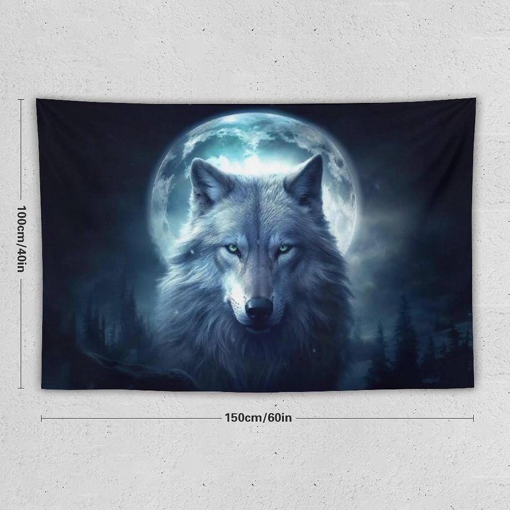 Mystic Wolf & Moon Tapestry,Night Forest with Glowing Full Moon & Gray Wolf Print,Wall Hanging for Dark & Nature Aesthetic Decor