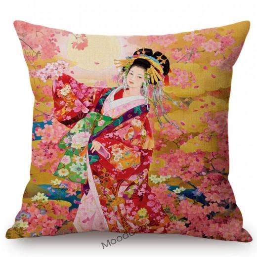 Beautiful Pretty Japanese Geisha Cartoon Traditional Kimono Girl Floral Cotton Linen Sofa Pillow Case Home Decor Cushion Cover