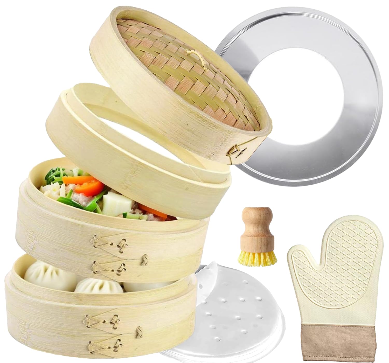 

Bamboo Steamer Set with Adjustable Height Ring, Insulated Gloves, 100 Sheets, and Brush - 2-Tier, Handcrafted by Artisans, for Commercial Use, Steamin