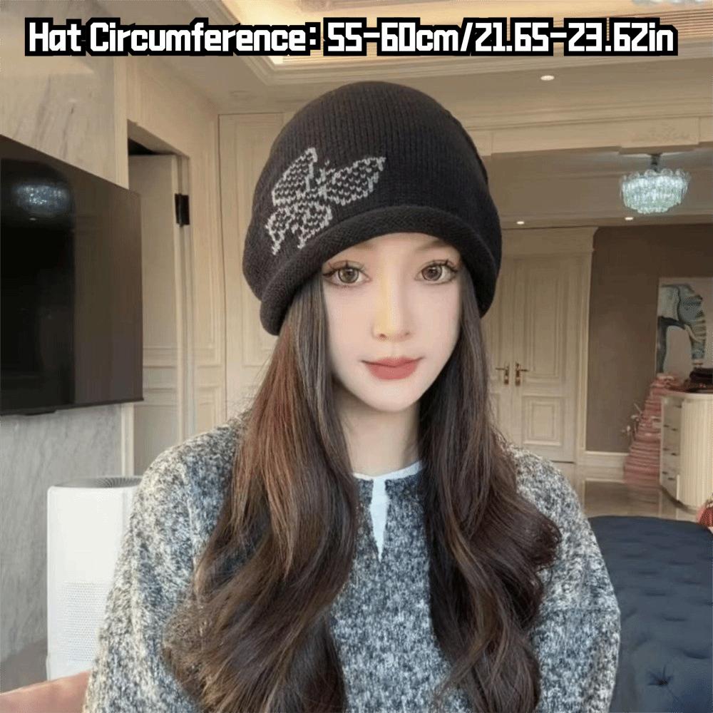Butterfly Pattern Drawstring Beanie Cap Windproof Ear Protection Hat Knitted Woolen Hat  for Women