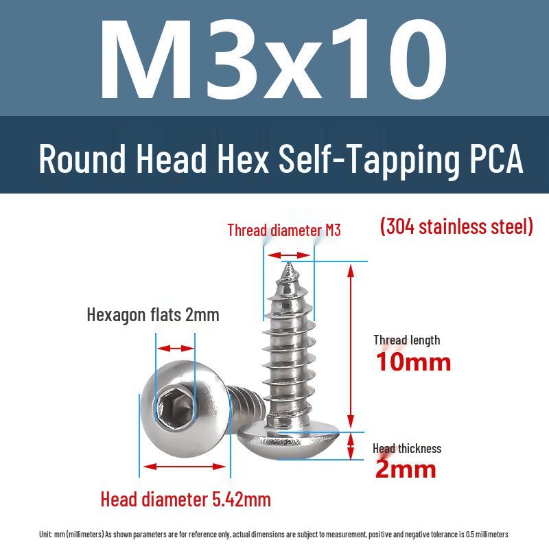 Yigu 304 Stainless Steel Round Head Self-Tapping Allen Screw, M2-M6