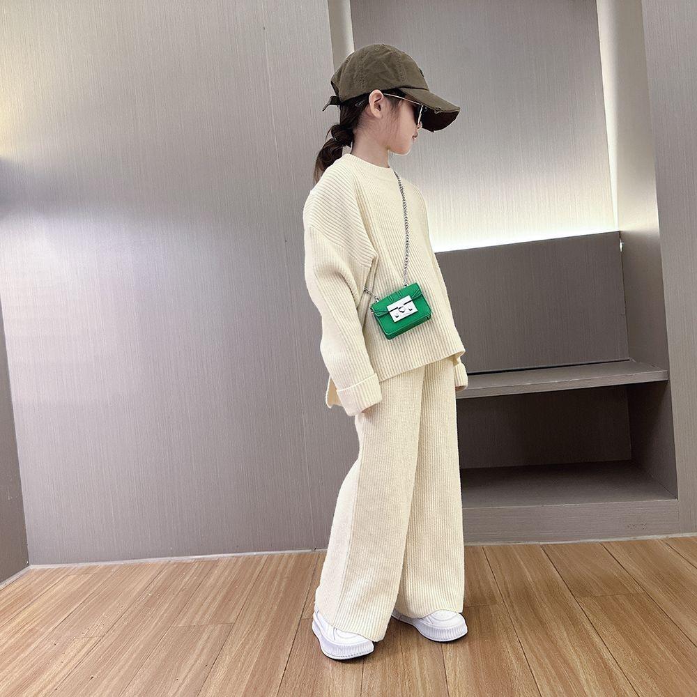 Herbst/Winter Lässiger Stil Mädchen Zweiteiliges Strickpullover-Set mit Weitbeinigen Hosen