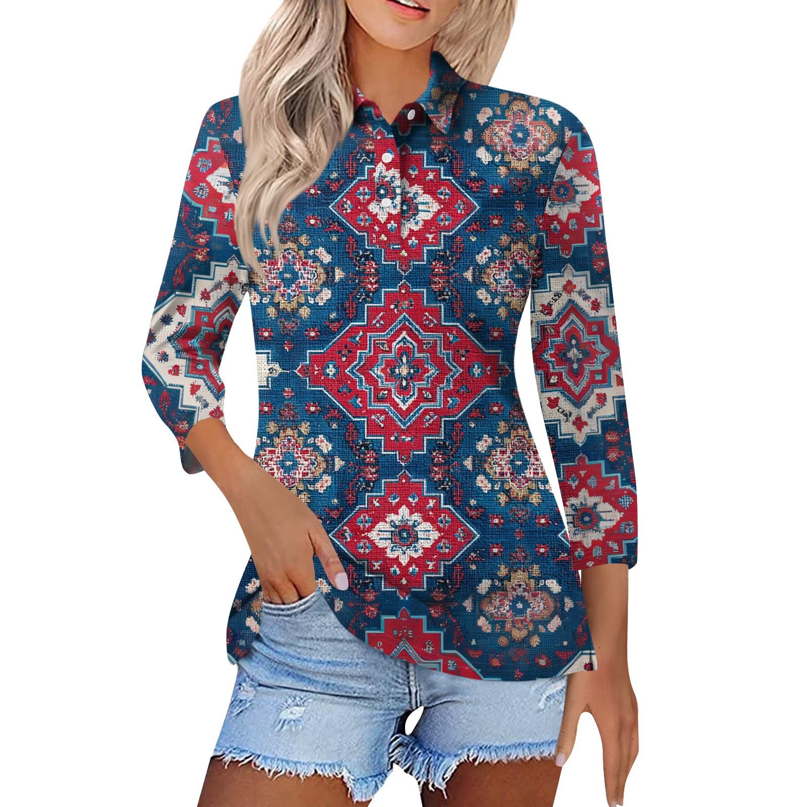 

Женская модная повседневная рубашка с лацканами и рукавом 3/4 с принтом, женские топы на пуговицах XXXL красный