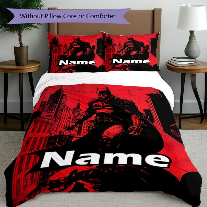 3pcs Duvet Cover Set (1*Duvet Cover + 2*Pillowcase, Without Core), Custom Name Batman Pattern Bedding Set, Home Bedroom Decor Gift