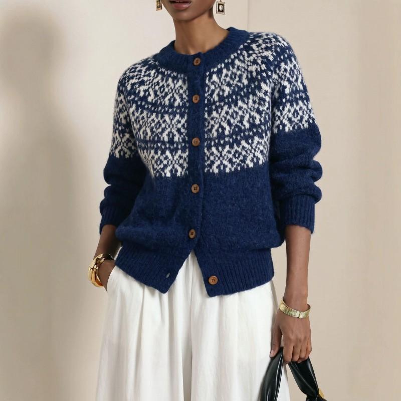 Womens Fair Isle Knit Cardigan Sweater Loose Fit Round Neck Warm Long Sleeve Outerwear