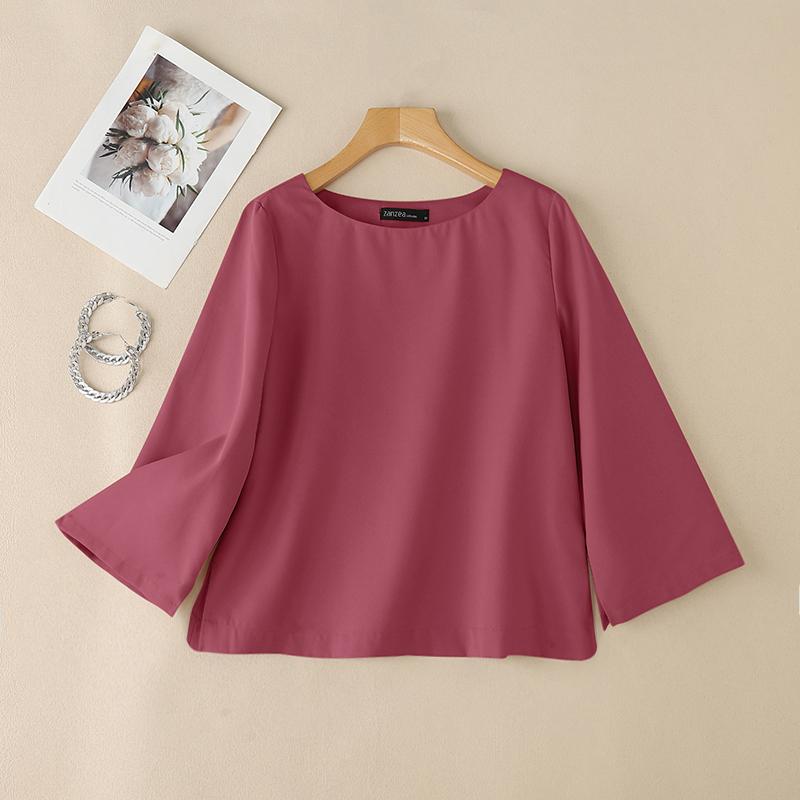 ZANZEA Damen Lässig Rundhals 3/4-Ärmel Einfarbig Locker Bluse