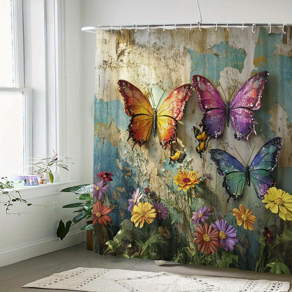 Waterproof 12 Hooks Machine Washable Colorful Butterfly Pattern One Piece Shower Curtain Suitable for Room Home Hotel Bathroom