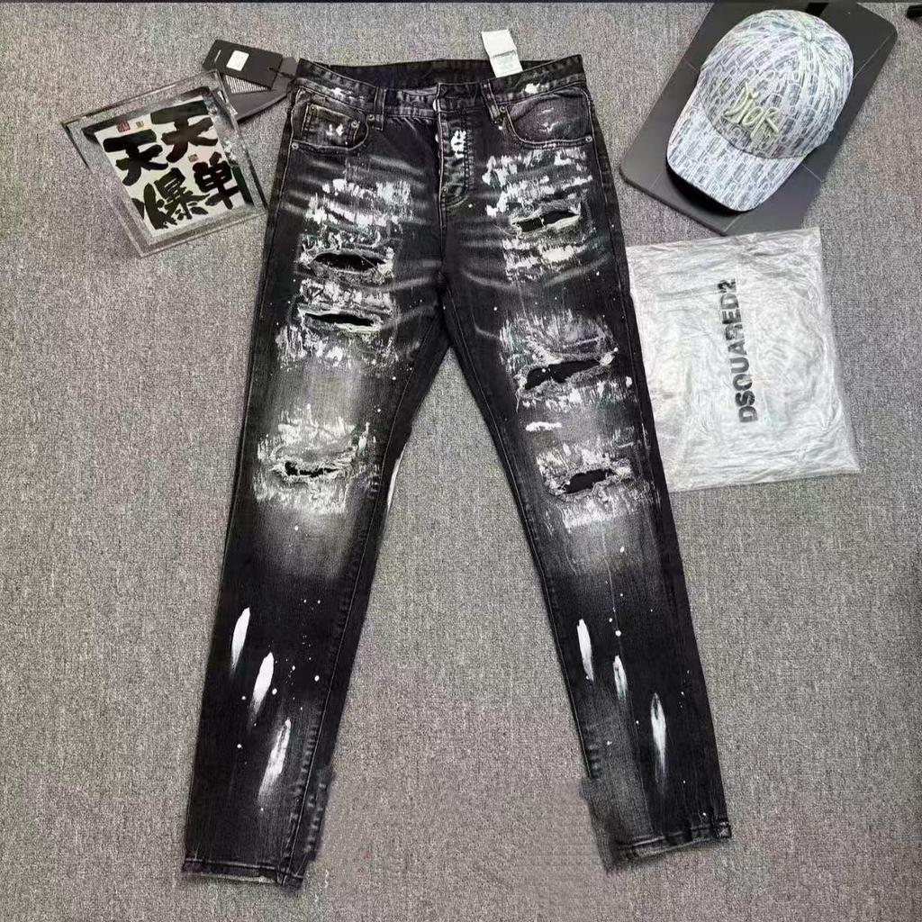 Punk Retro Blue Ripped Slim Fit Printed Men's Jeans