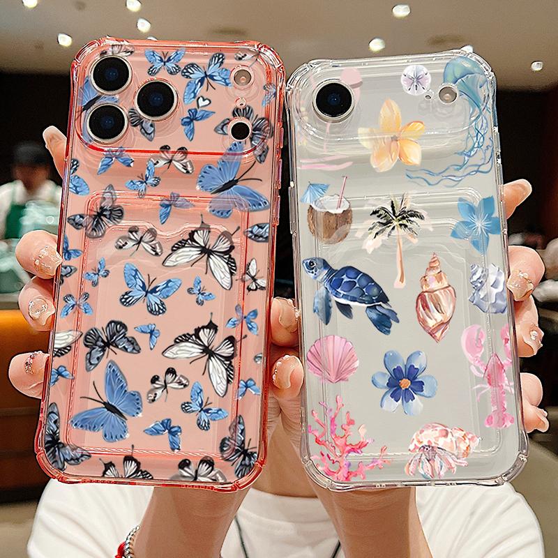 Husă Telefon cu Buzunar pentru Carduri Scoică Balenă Pentru iPhone Air 17 16e 16 15 Pro Max 14 13 Pro Rezistentă la Șocuri Transparentă Moale TPU