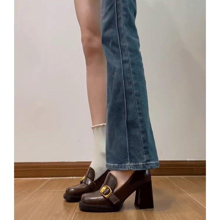 Square head high heel small leather shoes versatile thick heel one pedal love college style Japanese jk metal buckle