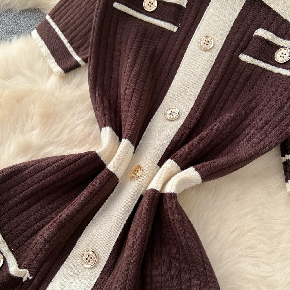 Elegant Slimming Spliced Single-breasted Knit Dresses for Women Lapel Short Sleeves Patchwork Sweater Dress Female