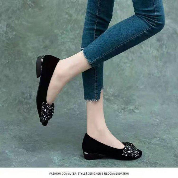 Spring 2025 Rhinestone Bow Low-Cut Women's Flats, Pointed Toe Slip-On Work Shoes with Chunky Heel