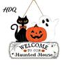 Creative Holiday Souvenir Halloween Wood Welcome Door Sign, Pumpkin Ghost Black Cat Hanging Decor for Spooky Party Supplies Front Door, Rustic