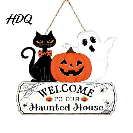 Creative Holiday Souvenir Halloween Wood Welcome Door Sign, Pumpkin Ghost Black Cat Hanging Decor for Spooky Party Supplies Front Door, Rustic