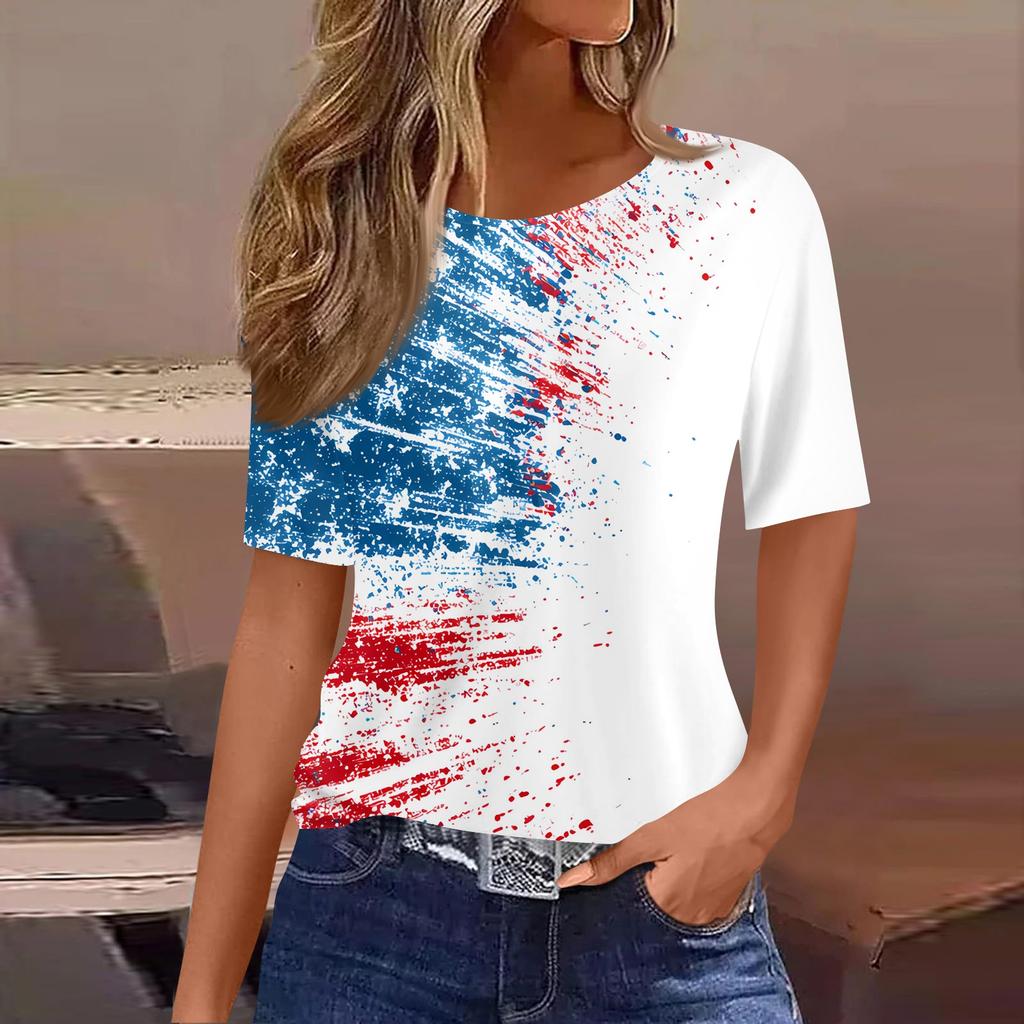 Women's Fashionable Casual Short Sleeve Print Round Neck Pullover Top