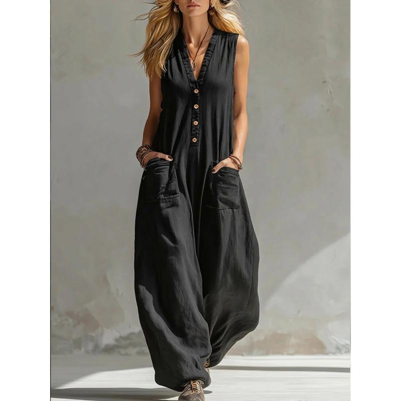 Dámský neformální overal bez rukávů s V-výstřihem, volným střihem a dvěma kapsami