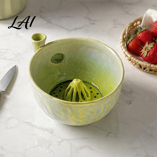Kitchen Prep Colander Ceramic Berry Washing Bowl with Drainage Hole 360 Degree Self Basin for Vegetables Rinsing Fruit Rinse Bowl Fresh Vegetable