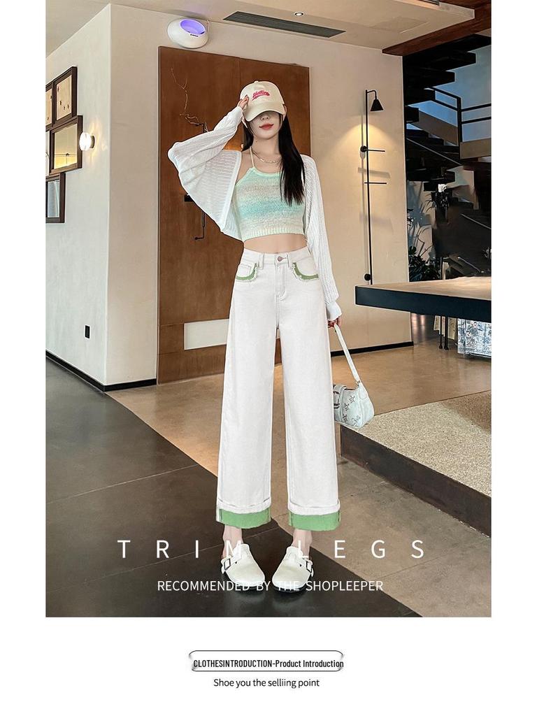 Women's High Waist Pink Wide-Leg Jeans - Spring 2025 Collection, Loose Fit, Petite Cigarette Straight Leg Style
