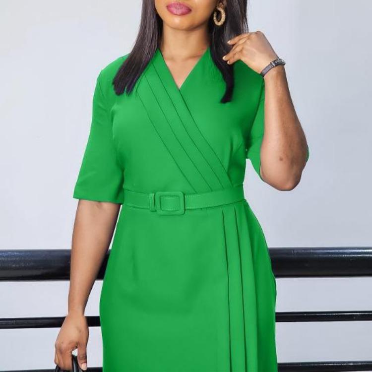 Damen Formell Plissiert V-Ausschnitt Kurzarm Etuikleid Schlanke Passform Enge Taille Business Sommer Bürokleid Unifarben