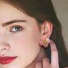 Vintage Pink Stone 925 Silver Flower Ear Studs with Diamond Inlay for Women