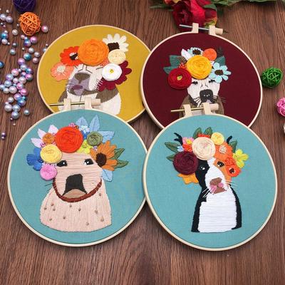 Dog Embroidery Kit for Beginenrs Hand Sewing with Flower and Dog Pattern Kit with Colourful Threads Needles Instructions