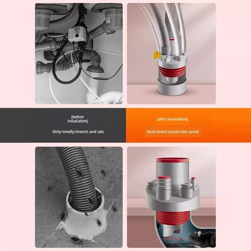 Anti-Odor Device for Kitchen Drain Pipe, Three-Way Drain Connector for Dishwasher, Integrated Water Distributor, Sealing Plug for Sink
