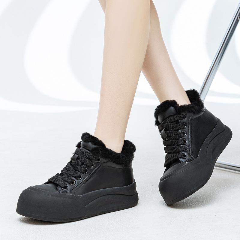 2025 Autumn and Winter New Velvet Leather Snow Board Shoes Women's Thick-soled Wool Cotton Shoes Women's Warm Mid-top Bread Shoes