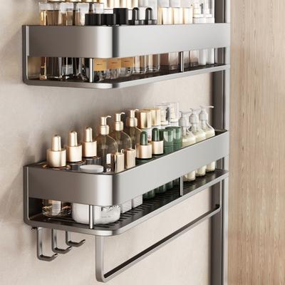 Wall-Mounted Bathroom Storage Rack Aluminum Alloy Punch Free Kitchen Condiment Racks Drainable with Hook and Rod Bathroom Shelf