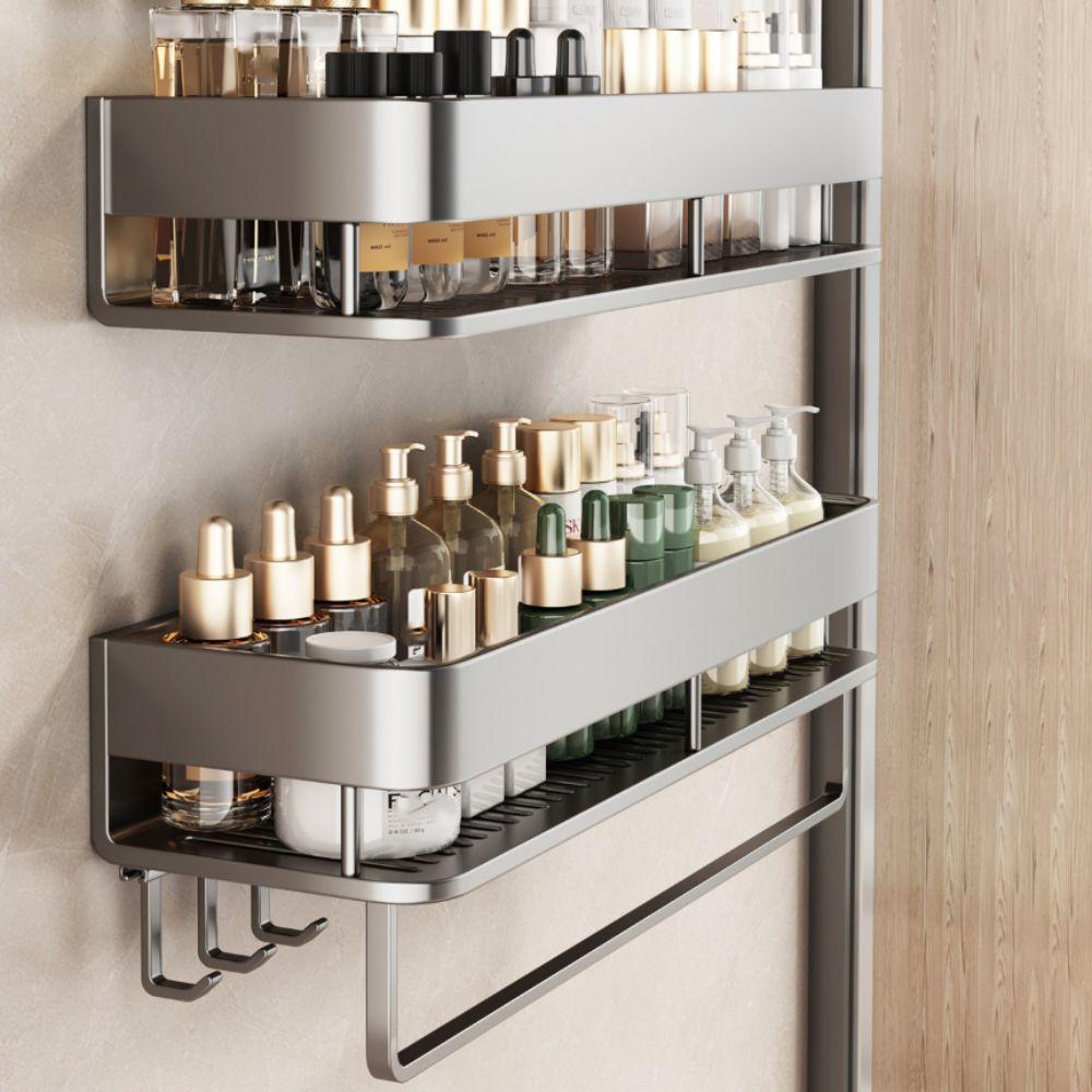 Wall-Mounted Bathroom Storage Rack Punch Free Aluminum Alloy Bathroom Shelf with Hook and Rod Ventilated Bathroom Organizer