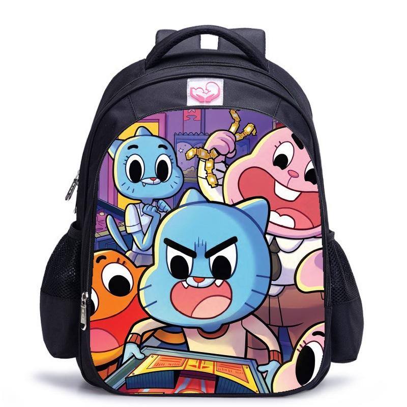 Zaino Scuola per Bambini, Testa Grande Gatto Blu Forrest Gump Scuola di Animazione, Tessuto Oxford Nero Resistente allo Sporco Grande Capacità.