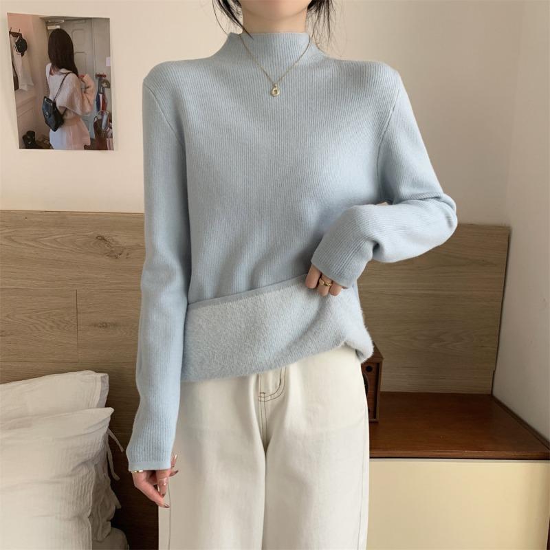 Autumn and Winter Thickened Inner Semi-turtleneck Loose Integrated Fleece Andy Fleece Sweater Women's Soft Waxy Knitted Bottoming Top
