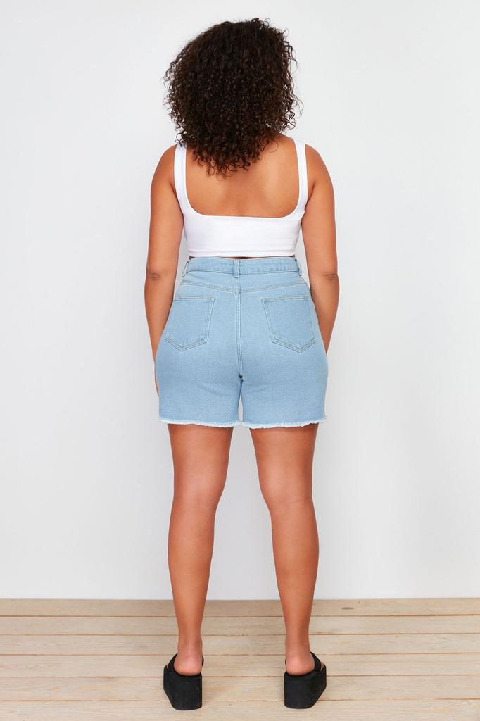 Women's Style Plus Size Gray Pocket and Leg Tassel Detailed Mini Denim Shorts