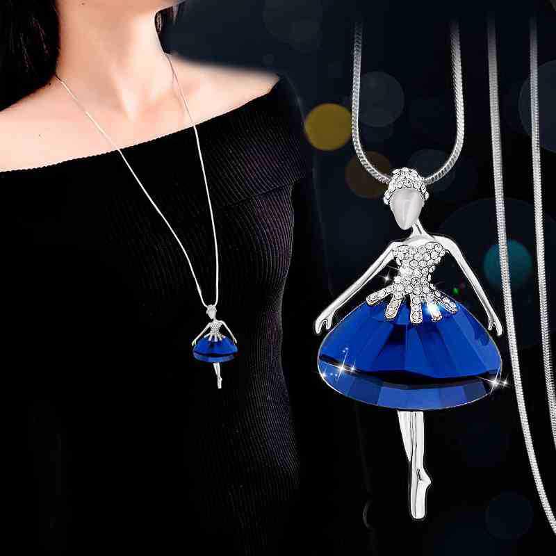 Korean Style Crystal Ballet Angel Pendant Necklace for Women синий