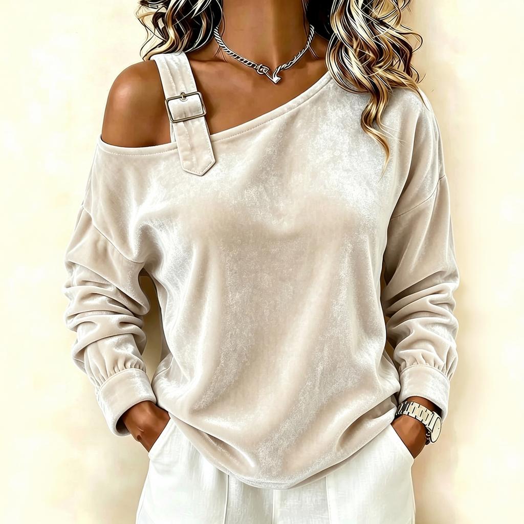Women's Velvet Off Shoulder Top, Loose Fit Pullover Blouse, Asymmetric Neckline for Casual Everyday Wear