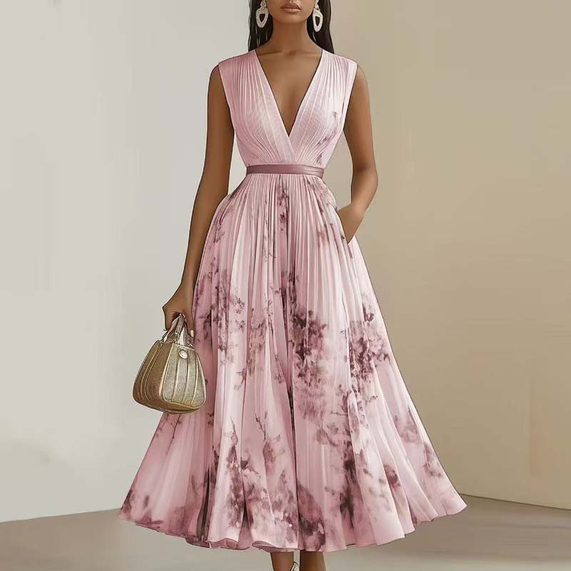Women V Neck Sleeveless Party Draped Maxi Dresses Vintage Elegant Office Floral A-line Dress For Women Lady Chic Evening Gown