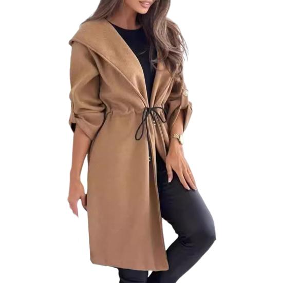 Wintermantel für Damen, Kordelzug, schmale Taille, Kapuze, dick, einfarbig, mittellang, warm halten, lange Ärmel mit Manschettenknöpfen, Pendler-Reisemantel