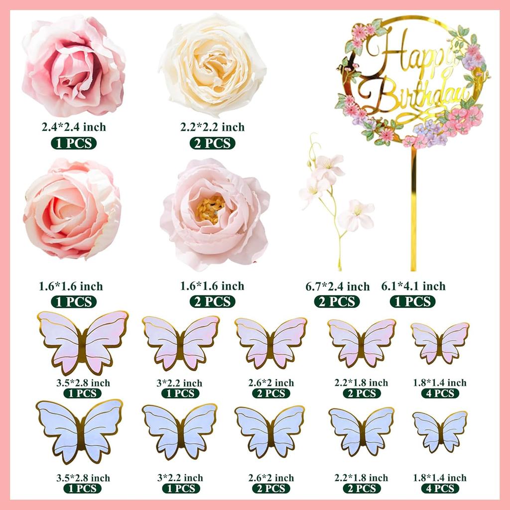 29 PCS Flower Cake Toppers Butterfly Cake Decorations with Artificial Pink and Purple Flowers for Women Birthday Wedding Party