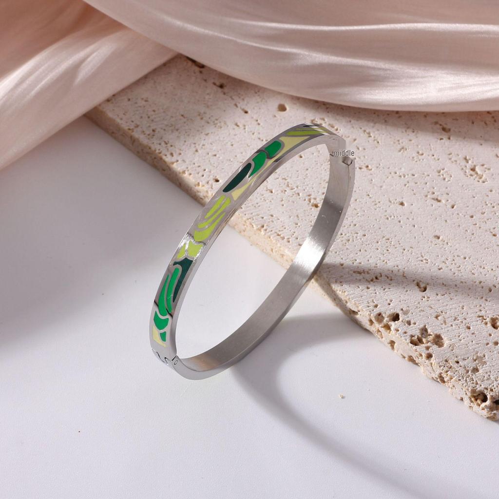 18K Electroplated Women's Retro Enamel Drip Oil Titanium Steel Bracelet, 6mm