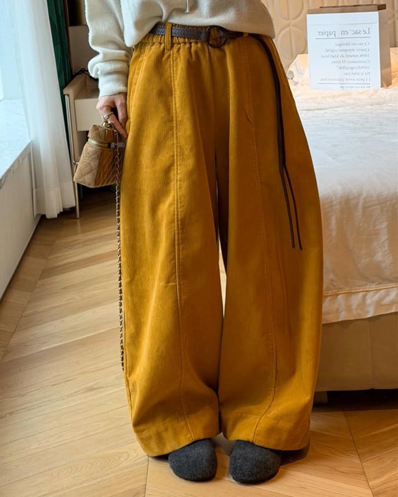LUJPOIR Corduroy Perfect for Fall and Winter Solid Loose Casual Bottoms Women's Wide-leg Pants, Commuting, Warm, Thick, Belted, Color, Flattering,