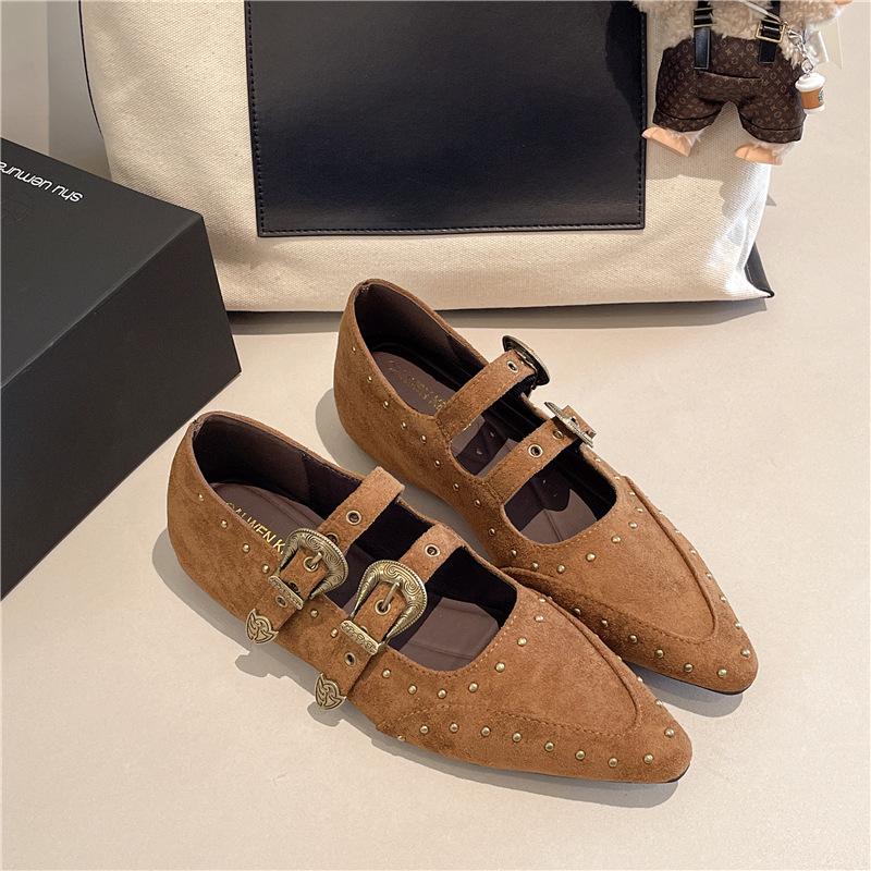 European and American Retro Pointed Flat Bottom Inner Height Increase Soft Leather Mary Jane Shoes Women's Brown Rivets One Word with Shallow Mouth S