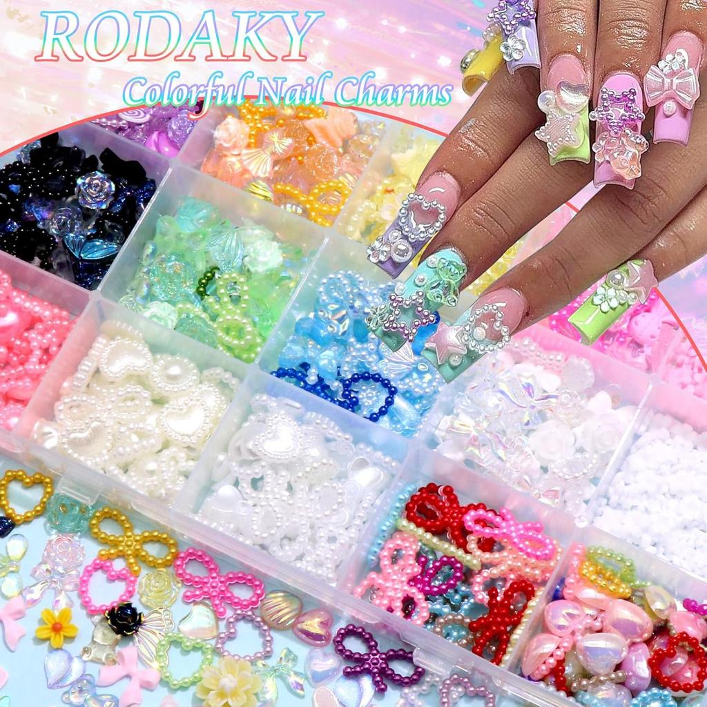 24 Grid Nail Charms Kit AB Rhinestones Nail Pearls 3D Flower Nail Jewels Multi Shape Nail Art Decorations for DIY Salon